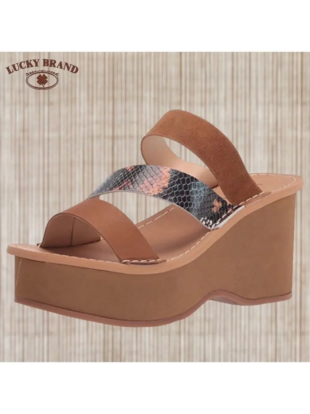 LUCKY BRAND Mimya Leather/Suede/Snake Print Strap Wedge Heeled Sandals/10M NWT